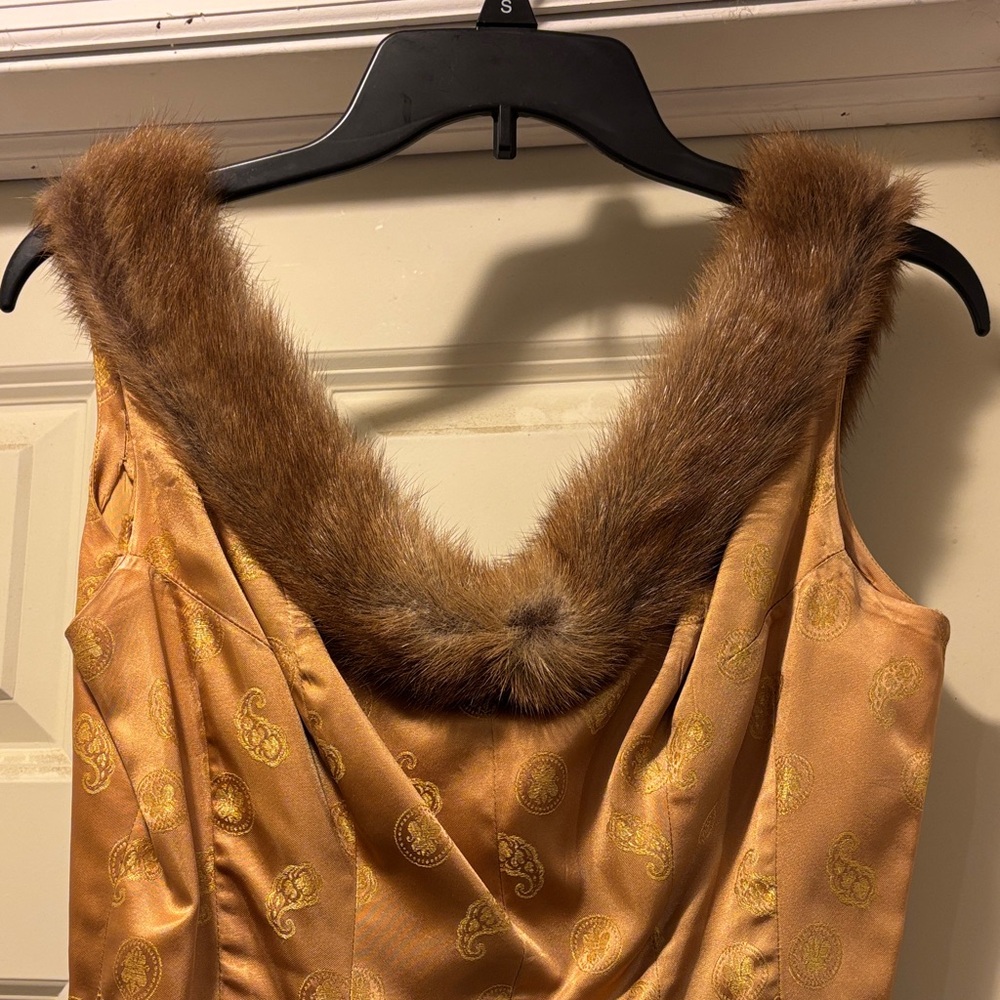 Vintage brocade dress with fur trim